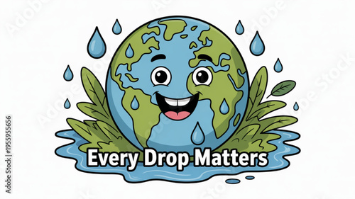 Smiling earth with raindrops and green leaves every drop matters eco friendly concept