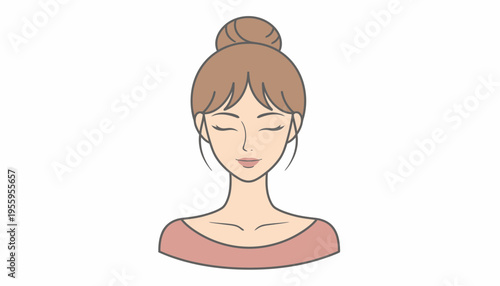 Woman with Hair Bun and Closed Eyes, Peaceful Expression, Simple Illustration