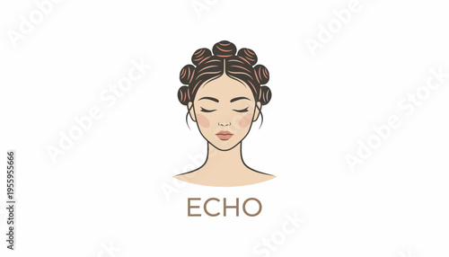 Woman with hair rollers and name ECHO, beauty and hairstyle concept
