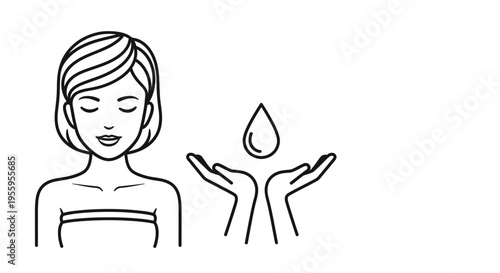 Woman's face with closed eyes and hands holding a water drop, representing skincare and hydration.