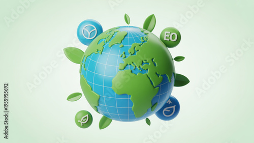 Eco friendly globe with green leaves and environmental icons symbolizing sustainability and conservation efforts on a light green background