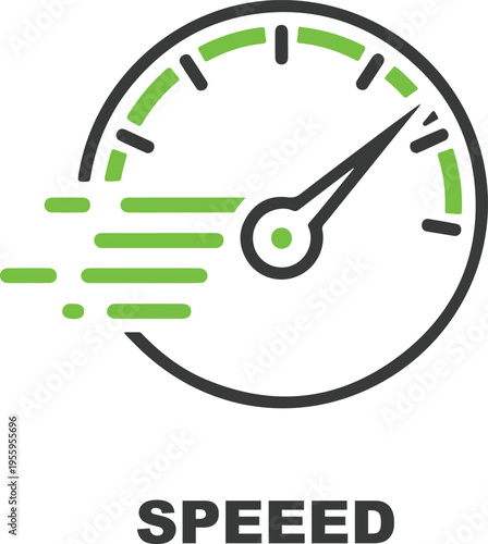 Speedometer icon with green progress lines and speed text showing rapid performance data measurement for automotive or network connection
