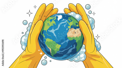 Hands in yellow gloves cradling a clean blue and green earth globe with soap bubbles on white background