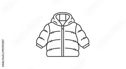 Winter Puffer Jacket Icon, Hooded Down Coat Outline, Children's Outerwear Vector