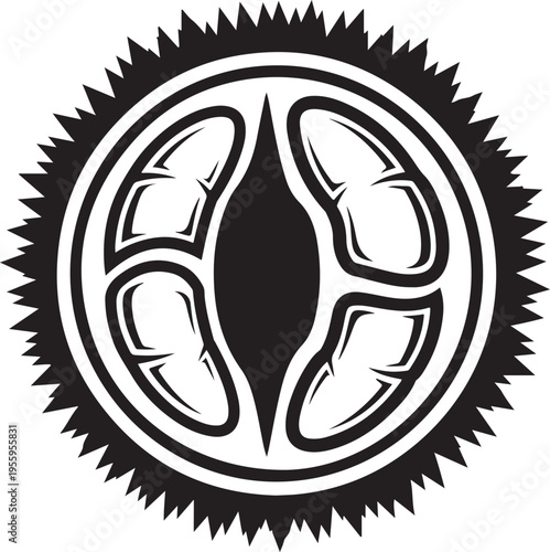 Top view of sliced durian fruit showing symmetrical internal pulp compartments and sharp spiky outer rind in bold black vector line art