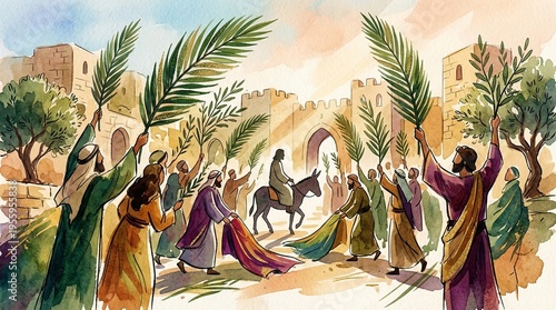 Triumphal Entry of Jesus into Jerusalem Biblical Scene Palm Sunday Christian Artwork Illustration