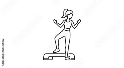 Woman doing aerobic step exercise on a fitness platform, line art icon