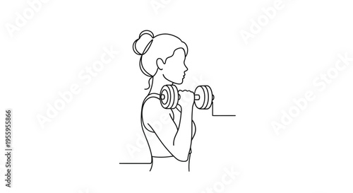 Woman doing bicep curls with dumbbells, fitness, exercise, healthy lifestyle, line art