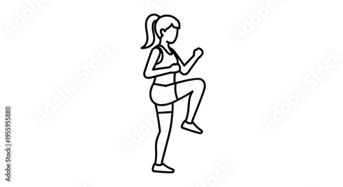 Woman doing high knees exercise, fitness, cardio workout, healthy lifestyle, line art icon