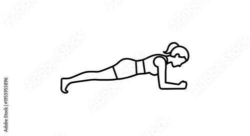 Woman doing plank exercise, fitness, healthy lifestyle, workout, core strength, line art icon