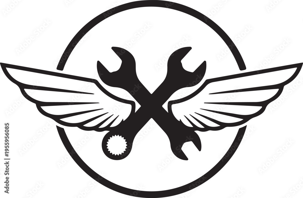 Fototapeta premium Wings and crossed wrenches emblem in circle on transparent background flat vector illustration
