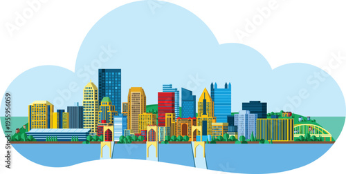 Skyline Illustration of Pittsburgh, Pennsylvania, USA. View from North.