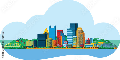 Skyline Illustration of Pittsburgh, Pennsylvania, USA. View from South.