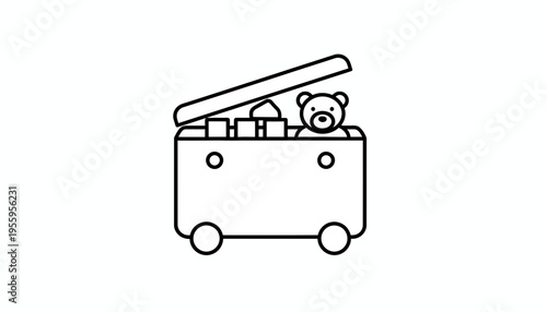 Toy Chest with Teddy Bear and Blocks, Open Lid, Wheels, Line Art Icon
