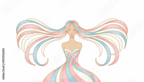 Transgender Woman with Flowing Hair in Trans Pride Colors, Abstract Watercolor Style