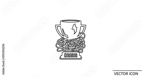 Trophy with tangled string and 'Crisis' label, symbolizing business or personal struggles