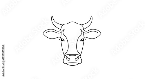 Simple Line Art Cow Head Icon, Minimalist Farm Animal Vector Illustration