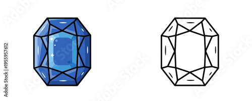 Emerald-cut blue sapphire gemstone vector illustrations shown in colored cartoon and black outline linear styles, deep royal blue translucent hues, representing precious jewel on white background