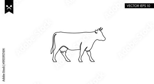 Simple Line Art Cow Illustration - Minimalist Farm Animal Vector