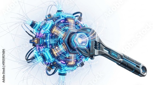 Futuristic high tech wrench with glowing blue circuits and wires