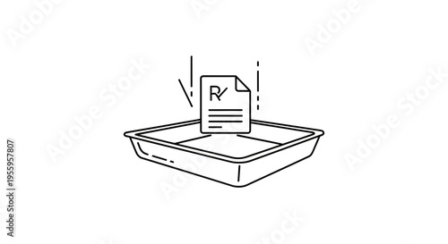 Prescription Rx form falling into a tray, medical document, healthcare concept