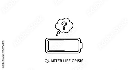 Quarter Life Crisis Concept: Low Battery Symbol with Question Mark Thought Bubble