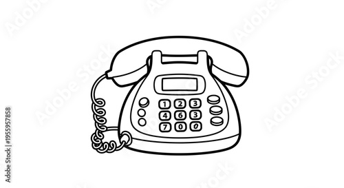Retro Landline Telephone - Classic Communication Device, Black and White Outline