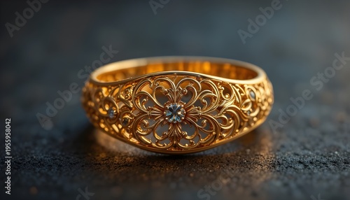 Yellow gold ring with intricate filigree design, warm lighting, premium look
