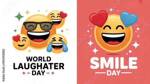 Smiling emojis celebrate world laughter and smile day with colorful hearts and sparkles on white and pink backgrounds