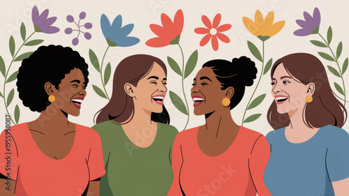 Four diverse women laughing together in colorful floral background