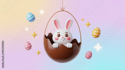 Cute white easter bunny peeking out of a chocolate brown egg surrounded by colorful eggs and stars on a pastel background