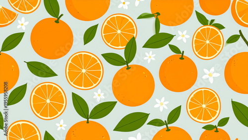 Flat Vector Illustration of Whole and Cut Oranges with Leaves and Flowers