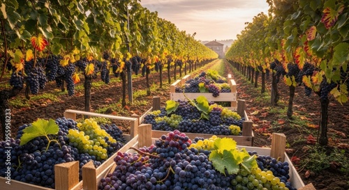 Harvesters collect grapes in wooden crates in a lush vineyard during sunset.
