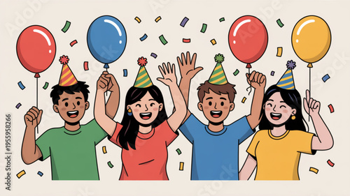 Four friends celebrating with balloons and confetti at a birthday party with joyful expressions