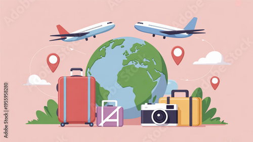 Travel and adventure concept with luggage airplanes globe and camera on pink background