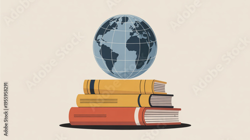 Stack of books with globe on top symbolizing global education and learning with a beige background