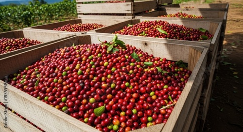 Farmers collect ripe coffee cherries in wooden crates outdoors