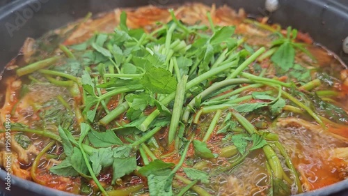 A video of mushroom hot pot stew with water parsley in spring season boiling