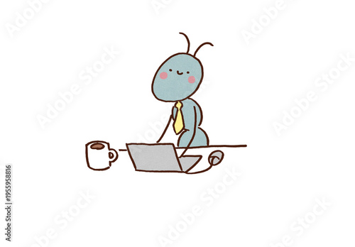 Valokuva Cute diligent worker ant working on a laptop, remote work and business concept