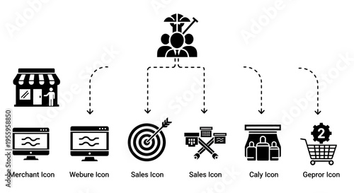 Business Process Icons Diagram: Merchant to Delivery Workflow Illustration.
