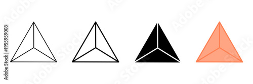 Set of minimalist tetrahedron icons with transparent background, depicting geometric 3D shapes, abstract mathematical forms, and structural elements, vector illustration