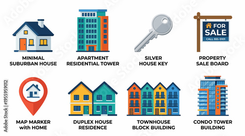 A vector graphic illustration of various colorful residential buildings and house icons with a map marker for sale.