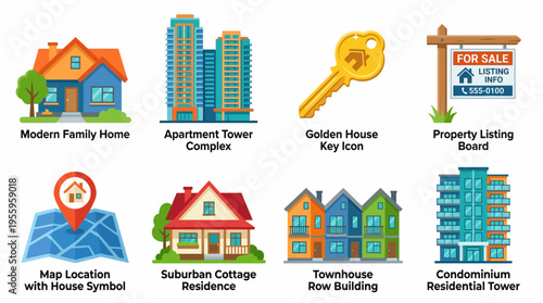 A vector illustration of a suburban neighborhood with various houses and buildings.