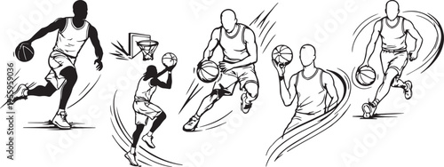 Basketball players action set dribbling shooting running silhouettes dynamic motion line vector