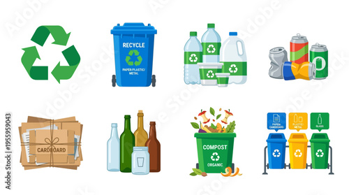 Recycling vector icons show various eco-friendly actions and subjects in a modern illustration style with emphasis on recycling bins and recyclable materials.