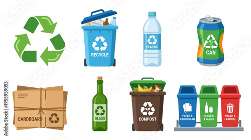 Recycling vector symbols show eco-friendly bins and recyclable materials in a modern setting.