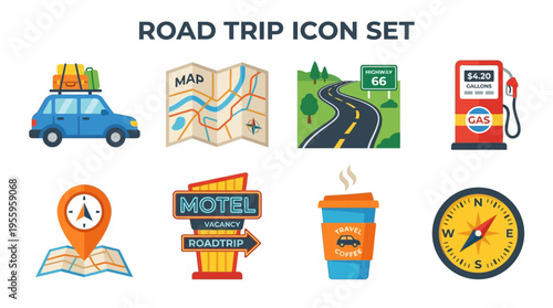 A vector illustration of a car with luggage on top driving on a winding road alongside a gas station towards a motel with a map and compass.