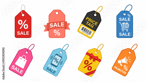 Colorful vector sale tags with discounts and prices are shown on a white background in a shopping concept.