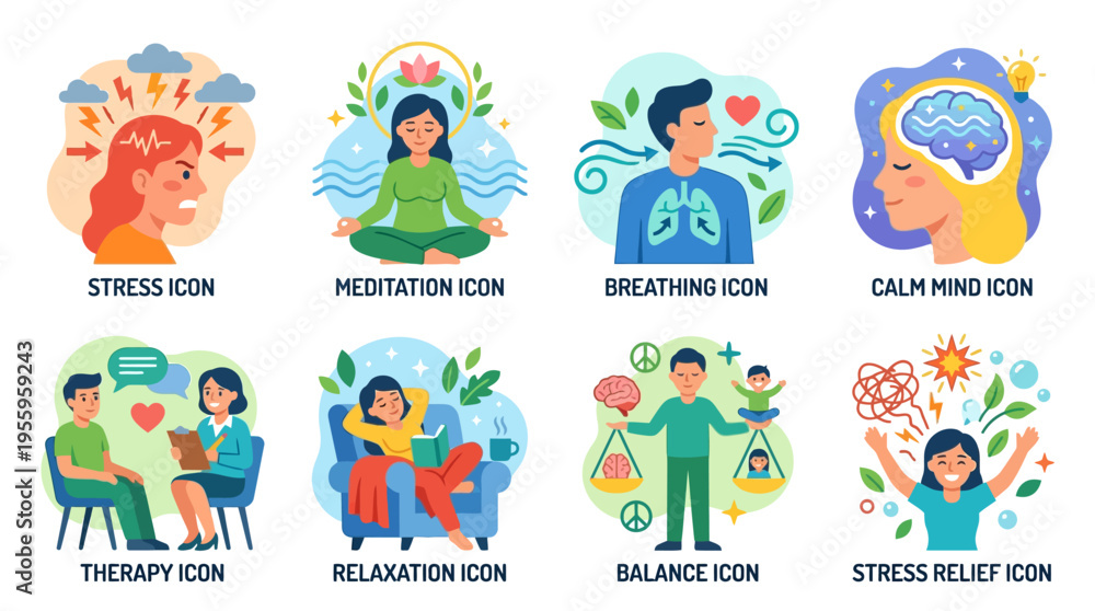Fototapeta premium A serene vector illustration of people meditating and relaxing in a peaceful environment with calming icons and symbols surrounding them.