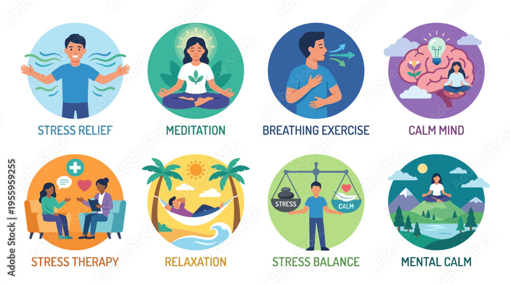 Fototapeta premium Vector illustrations of people practicing stress relief techniques through meditation and breathing exercises in a calm natural environment with mental health icons.